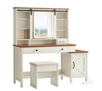 VASAGLE LIRY Colección - Tocador con Espejo y Luz, Mesa de Maquillaje de Granja con Taburete, Estación de Carga, 2 Cajones, Organizador Joyas, Blanco Rústico y Marrón Miel Rustic white and honey brown