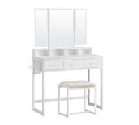 VASAGLE Maquillaje con Taburete Acolchado, tocador con Espejo Triple, 3 cajones, Soporte para secador de Pelo, cosmético, Estilo Moderno, Blanco Greige y Negro
