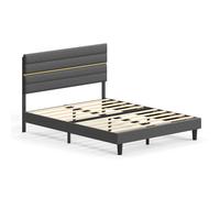 VASAGLE Marco de Cama Matrimonial, Marco para Colchón de 160 x 200 cm, Cabecero Acolchado Ajustable, Metal y Madera, Estilo Moderno, Gris Pizarra/Beige Cappuccino