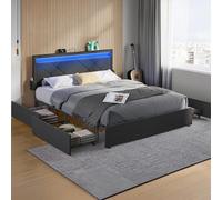 VASAGLE Marco de Cama Matrimonio, Base con Listones, 140 x 200 cm, LED, Metal, 4 Cajones, Estación de Carga, Cabecero Acolchado Ajustable, Gris Pizarra RMB827G02