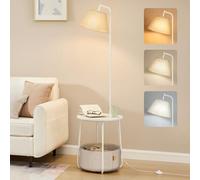 VASAGLE Mesa Auxiliar con lámpara 3 en 1 lámpara de pie con Mesa y Cesta de Tela para salón, mesita de Noche, Bombilla LED, luz y Pantalla Ajustable, Marco de Acero, Blanco Mate LFL004WC04