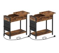 VASAGLE Mesa Auxiliar con Multienchufe, Juego de 2, Mesa Lateral Estrecha con Puertos USB, Sacos, Mesita de Noche, para Salón, Dormitorio, Marrón Rústico y Negro LCT647B01
