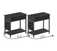 VASAGLE Mesa Auxiliar con Multienchufe, Juego de 2 | Mesa Lateral Estrecha, Mesita de Noche con Puertos USB, Sacos, para Salón, Dormitorio, Negro con Veta de Madera