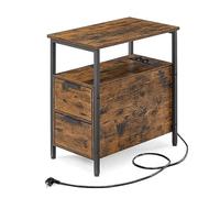 VASAGLE Mesa Auxiliar con Multienchufe, Pequeña Mesa Fina con 2 Cajones, Mesita de Noche con Almacenamiento, para Salón, Dormitorio, Marrón Rústico y Negro Clásico LET325B01