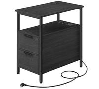 VASAGLE Mesa Auxiliar con Multienchufe, Pequeña Mesa Fina con 2 Cajones, Mesita de Noche con Almacenamiento, para Salón, Dormitorio, Gris Ahumado y Negro Clásico LET325B22