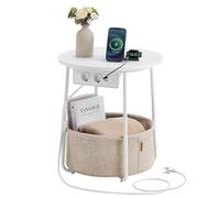 VASAGLE Mesa Auxiliar, Mesa Lateral Redonda con Cesta de Tela, Espaciosa | Para Salón, Dormitorio, Mesita de Noche, Estilo Contemporáneo, blanco mate y Marrón Camello, Colección LILEA LET228W02