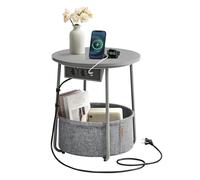 VASAGLE Mesa Auxiliar, Mesa Lateral Redonda con Tomas de Corriente, Cesta de Tela, Espaciosa, para Salón, Dormitorio, Mesita de Noche, Estilo Moderno, Gris Paloma y Gris Pizarra LET228G02