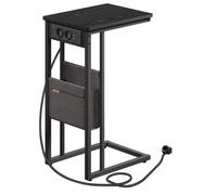 VASAGLE Mesa Auxiliar, Mesita de Noche con Estación de Carga, en Forma de C, para Espacios Pequeños, 2 Puertos USB y Enchufes, Bolsa, pies Ajustables, para Dormitorio, Salón, Negro Tinta/Blanco Crema