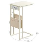 VASAGLE Mesa Auxiliar, Mesita de Noche con Estación de Carga, en Forma de C, para Espacios Pequeños, 2 Puertos USB y Enchufes, Bolsa, pies Ajustables, para Dormitorio, Salón, Blanco Crema LET356W02