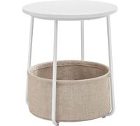 VASAGLE, mesa auxiliar redonda con cesta de tela, espaciosa, ideal para sala de estar, dormitorio, como mesita de noche, estilo moderno, color blanco y beige