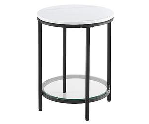 VASAGLE Mesa Auxiliar Redonda de 2 Niveles, Mesita de Noche, Encimera de Aglomerado y Estante de Vidrio Templado, para Salón, Dormitorio, Estudio, Minimalista Moderna, Blanco Mármol y Negro LET285B13