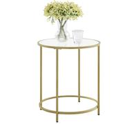 VASAGLE Mesa auxiliar redonda, mesita de noche, pequeña mesa de centro, 50 x 50 x 55 cm. Mesa de cristal con marco de metal, mesa para sofá, mesa para balcón, cristal templado, color dorado