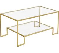 VASAGLE: Mesa de centro de vidrio, mesa auxiliar para sala de estar, con 2 estantes de vidrio templado, estructura de acero, dimensiones 100 x 55 x 45 cm, decoración para sala de estar, color dorado