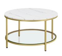 VASAGLE Mesa de Centro, Mesa de Salón, Mesa de Sofá de Mármol de Imitación Redonda, Estante de Vidrio Templado, Montaje Fácil, Estilo Moderno, Salón, Blanco Mármol y Dorado Métalico/Blanco Mármol y Bl