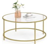 VASAGLE, mesa de centro redonda, 84 x 84 x 45,5 cm, mesa de cristal con estructura de metal, vidrio templado, mesa auxiliar, mesa para sofá, ideal para balcón, color dorado