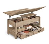 VASAGLE Mesa de Centro, Regulable en Altura, con Pistón de Gas, 2 Cajones y 3 Compartimentos Bajo el Tablero, Mesa de Café con 1 Compartimento Abierto, para Salón o Estudio, Marrón Camello LCT254L01