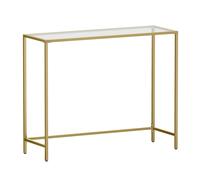 VASAGLE Mesa de Consola, Mesa de Entrada, Extremo del Sofá, Tablero de Vidrio Templado, Marco de Metal, Patas Ajustables, para Salón, Entrada, Pasillo, Dorado Pálido y Transparente/Negro Tinta y Dorad
