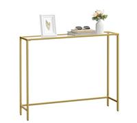 VASAGLE Mesa de Consola, Mesa de Entrada, Extremo del Sofá, Tablero de Vidrio Templado, Marco de Metal, Patas Ajustables, para Salón, Entrada, Pasillo, Dorado Pálido y Transparente LGT132A01
