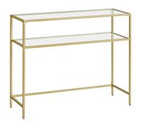 VASAGLE Mesa de Consola, Mesa de Entrada, Extremo del SofÁ, Tablero de Vidrio Templado, Marco de Metal, Patas Ajustables, para SalÓn, Entrada, Pasillo, Dorado y Transparente/Negro y Dorado y Transpare