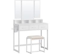 VASAGLE: Mesa de maquillaje con taburete acolchado, mesa de maquillaje con espejo triple, 3 cajones, soporte para secador de pelo, mesa de cosméticos, diseño moderno