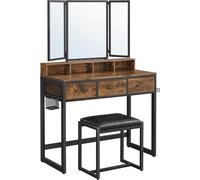 VASAGLE: Mesa de tocador con espejo abatible de 3 partes, soporte para secador de pelo, mesa de tocador con taburete acolchado y 3 cajones