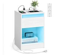 VASAGLE Mesita de Noche con Estación de Carga, 2 Tomas AC, 2 Puertos USB | Mesa Auxiliar con Luces LED Ajustables, con Cajón, Moderno, para Dormitorio, Salón, Blanco, Colección KAILYN LET618T15V2