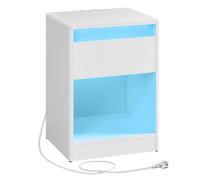 VASAGLE Mesita de Noche con Estación de Carga, Mesa Auxiliar con Luces LED Ajustables, con Cajón, 2 Tomas AC, 2 Puertos USB, Moderno, para Dormitorio, Salón, Blanco Nube/Negro Ceniza