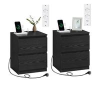 VASAGLE KAILYN Colección - Juego de 2, Mesita de Noche con Regleta de Enchufes, Mesa Auxiliar, 2 Cajones, 2 Tomas AC, 2 Puertos USB-A, Salón, Dormitorio, Negro Ébano LET821B02