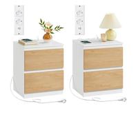 VASAGLE Mesita de Noche con Regleta de Enchufes, Juego de 2, Mesa Auxiliar, 2 Cajones, 2 Tomas AC, 1 Puerto USB-A, 1 Puerto USB-C, Sala de Estar, Dormitorio, Moderno, Amarillo Almendra LET821Y02