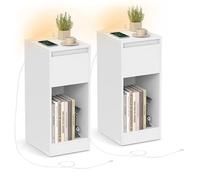 VASAGLE Mesita de Noche Estrecha, Mesa Auxiliar, con Iluminación LED | 1 Puerto USB-A, 1 Puerto USB-C, Cajón, Dormitorio, Salón, Blanco Nube, Colección KAILYN LET710W01