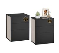 VASAGLE Mesita de Noche Montaje Súper Rápido, Juego de 2, con 3 Cajones | Mesa Auxiliar Moderna, Snapsemble, Dormitorio, Sala de Estar, Negro Tinta y Beige Capuchino