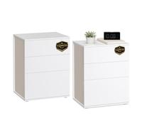 VASAGLE Mesita de Noche, Snapsemble Montaje Súper Rápido, Juego de 2, Mesa Auxiliar con 3 Cajones, Moderna, Dormitorio, Sala de Estar, Blanco Mate y Beige Capuchino LET779W01