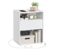 VASAGLE Mesita de noche LET777W04 - Montaje sin herramientas, con carga y cajón, blanco mate