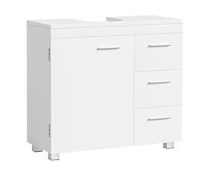 VASAGLE Mueble Bajo Lavabo, Armario de Baño, 3 Cajones, 2 Compartimentos Detrás de la Puerta, Apto para Lavabos con Pedestal, con Pies, 30 x 70 x 64 cm, Blanco Nube