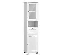 VASAGLE Mueble Baño, Armario Alto, Puerta de Cristal, Estrecho, con Patas | Compartimento Abierto, Estantes Regulables en Altura, Ahorro de Espacio, Blanco Nube, Colección SOFIE, BBK163W01