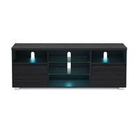 VASAGLE Mueble TV con Luces LED, Mesa de TV Moderna para Televisión hasta 70 Pulgadas, Estantes de Vidrio Abiertos, 2 Compartimentos con Puertas, 160 cm, Salón, Dormitorio, Blanco/Negro