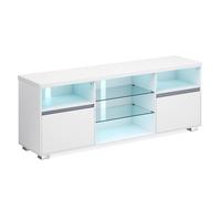 VASAGLE Mueble TV con Luces LED, Mesa de TV Moderna para Televisión hasta 70 Pulgadas, Estantes de Vidrio Abiertos, 2 Compartimentos con Puertas, 160 cm, Salón, Dormitorio, Blanco/Negro