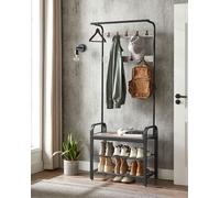 VASAGLE, perchero, armario, estante para zapatos con asiento, perchero con 9 ganchos extraíbles, banco, 2 estantes de rejilla, 183 cm de altura, diseño industrial, color grisáceo, modelo HSR40MB