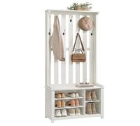 VASAGLE Perchero, Banco Zapatero, Armario Perchero con Estante, 7 Ganchos Dobles para Chaquetas, Sombreros, Pasillo, Dormitorio, Salón, 35 x 81 x 180 cm, Blanco Rústico HSR414W01