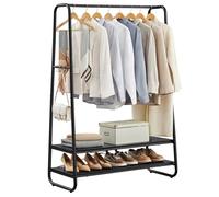 VASAGLE Perchero Burro, Perchero Recibidor con 2 Estantes, 6 Ganchos en Forma de S, Marco de Acero, 45 x 100 x 160 cm, para el Dormitorio, Negro Ébano y Negro Mate RGR112B03