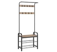 VASAGLE Perchero con Banco, Zapatero, Estructura Metálica, Altura 182.5 cm | Árbol del Vestíbulo, Dos Filas de Ganchos, Industrial, Catalpa, Colección DACEY HSR040K02
