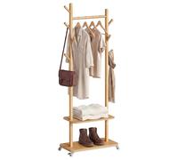 VASAGLE Perchero con Barra para Colgar, Armario con Estantes, Ganchos | Madera de Caucho y MDF, Para Ropa, Bolsos, Sombreros, Color Natural, Colección ANDI RCR053YK01