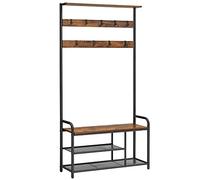 VASAGLE Perchero con Zapatero, Mueble Recibidor con 9 Ganchos Extraíbles, Banco, Estante, 30 x 85 x 180,5 cm, Pasillo Dormitorio Apartamento, Industrial, Marrón Rústico y Negro HSR409B01