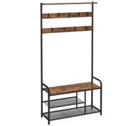 VASAGLE Perchero con Zapatero, Mueble Recibidor con 9 Ganchos Extraíbles, Banco, Estante, 30 x 85 x 180,5 cm, Pasillo Dormitorio Apartamento, Industrial, Marrón Rústico y Negro/Roble y Blanco, Regalo