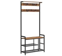 VASAGLE Perchero con Zapatero, Perchero con Banco para Zapatos, con 7 Ganchos, Estantes, para Entrada, Dormitorio, Marco de Acero, Estilo Industrial, Marrón Rústico y Negro HSR088B01