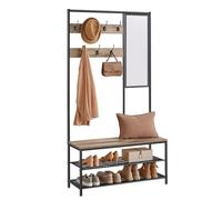 VASAGLE Perchero con Zapatero, Perchero para Pasillo con Espejo, Ganchos, Banco y Zapatero, 35 x 98 x 180 cm, Pasillo, Dormitorio, Entrada, Industrial, marrón Camello y Tinta Negra HSR415K01