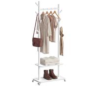 VASAGLE Perchero de Pie, con 7 Ganchos y 2 Estantes, 4 Ruedas Giratorias 360° Extraíbles, Ganchos y Postes de Madera, para Entrada, Dormitorio, Sala de Estar, Blanco Nube RCR053WH01