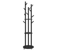 VASAGLE Perchero de Pie, Perchero con 11 Ganchos y 3 Estantes, 4 Ruedas Giratorias de 360° y Extraíbles, Ganchos y Postes de Madera, para Entrada Dormitorio Salón, Negro Tinta/Blanco Nube/Natural, Neg