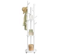 VASAGLE Perchero de Pie, Perchero con 11 Ganchos y 3 Estantes, 4 Ruedas Giratorias de 360° y Extraíbles, Ganchos y Postes de Madera, para Entrada Dormitorio Salón, Blanco Nube RCR023W01