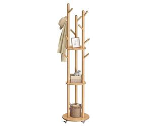 VASAGLE Perchero de Pie, Perchero con 11 Ganchos y 3 Estantes, 4 Ruedas Giratorias de 360° y Extraíbles, Ganchos y Postes de Madera, para Entrada Dormitorio Salón, Natural RCR023YK01